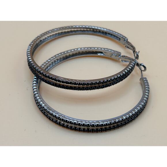 Large Silver Hoop Earrings with Black Crystal Accents - Picture 1 of 4